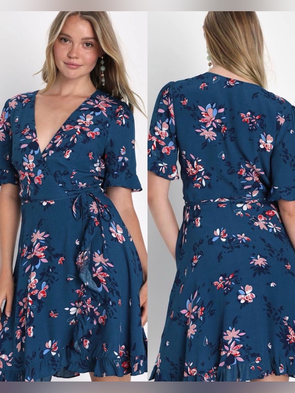 Lulus Dalton Teal Blue Floral Print Ruffled Wrap Dress Medium
